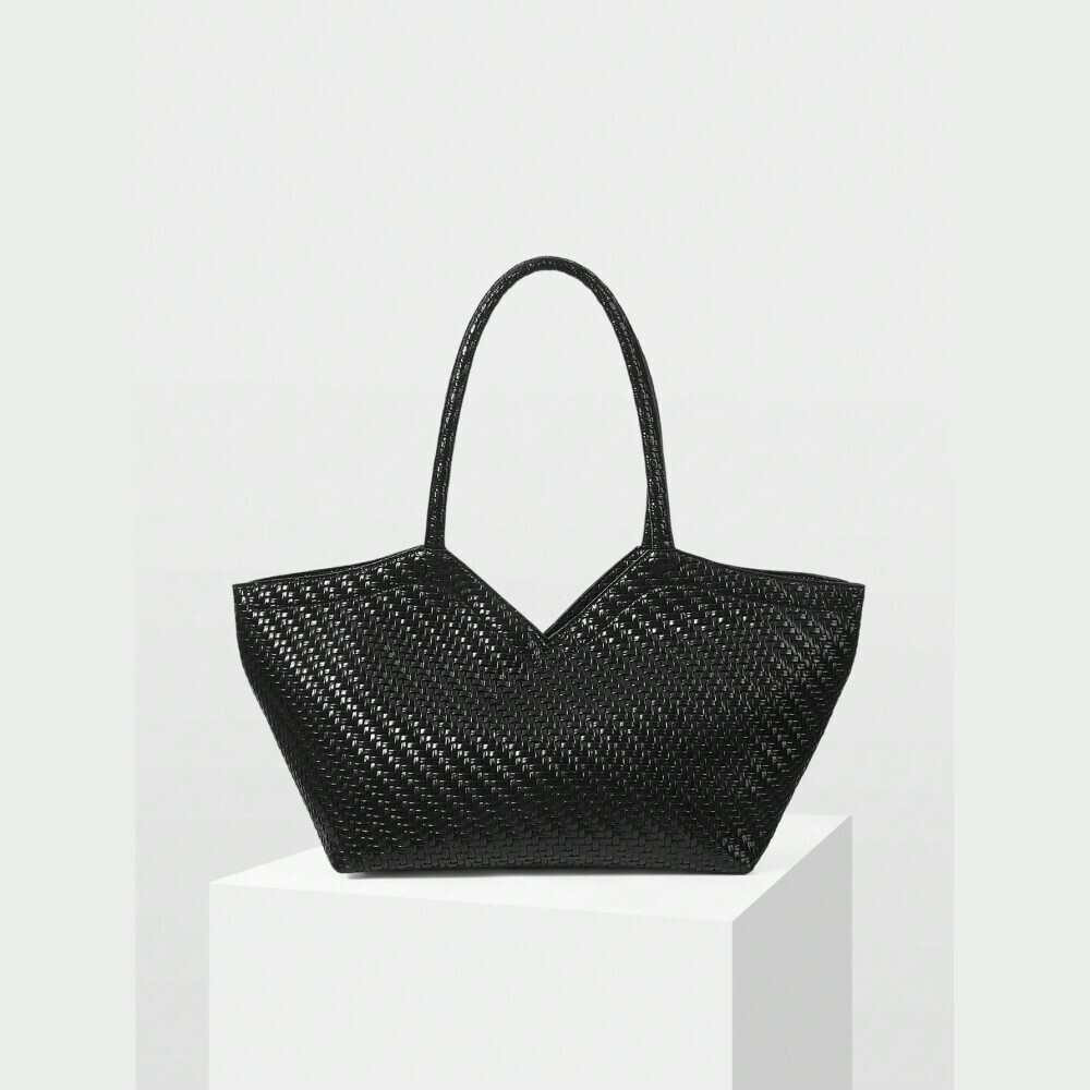 Black Woven-Effect Textured Tote Bag With Double Handles